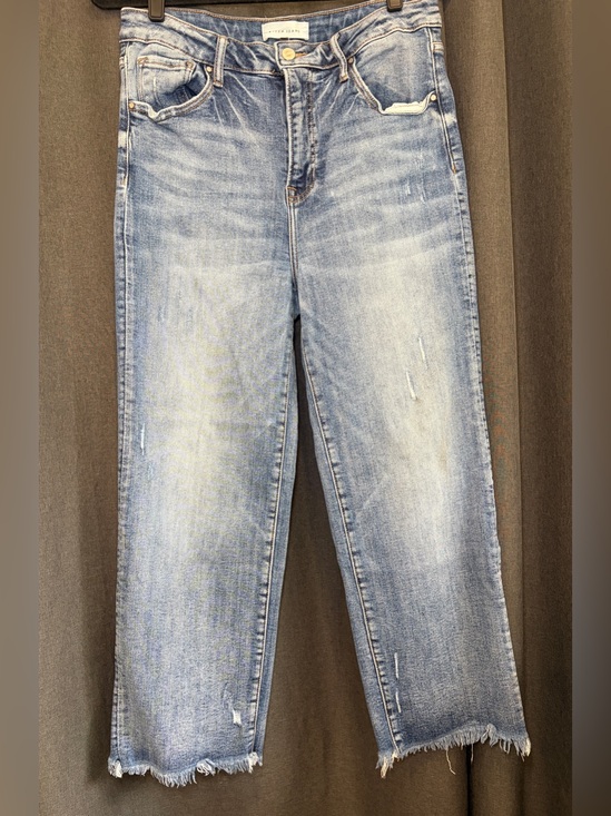 Risen Jeans Denim - Risen Jeans distressed medium-washed denim pants with frayed raw hem size 13/31